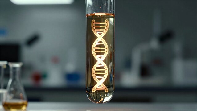 DNA double helix glowing inside a test tube in lab setting.