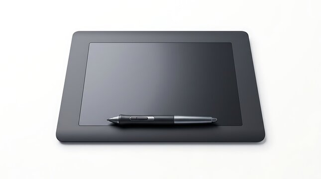 Digital graphics tablet with stylus on white background