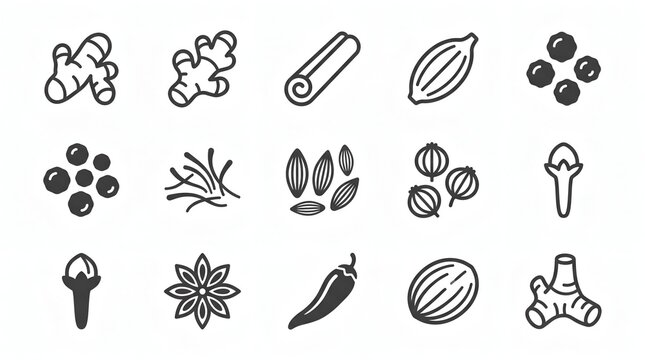Outline icons of various cooking spices and herbs, minimalist vector set on white
