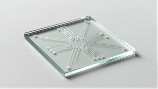 Transparent glass panel with intricate etched circuit patterns and small spherical indentations.