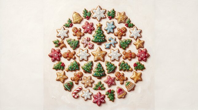 A delightful arrangement of festive Christmas gingerbread cookies in various shapes and sizes