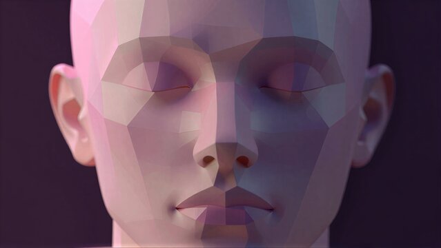 Geometric face sculpture with soft pink and purple lighting, serene expression.