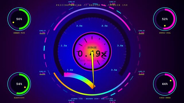 Three panels showing dynamic pricing metrics on a glowing circular interface as numbers fluctuate with shifting neon colors against a dark and moody digital background