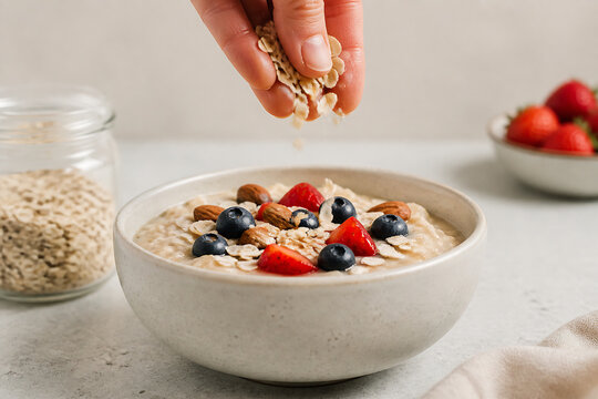A hand is sprinkling granola onto a bowl of oatmeal topped with berries and nuts on a light-colored countertop.