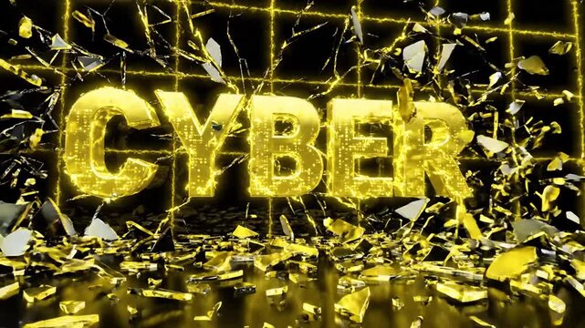 Golden CYBER text shattering with binary code and grid background