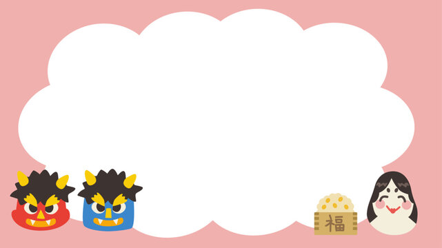 節分　赤鬼青鬼とおたふくのフレーム　ベクターイラスト