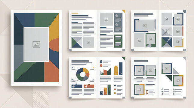 Professional brochure layout template with colorful geometric design elements for business presentation.