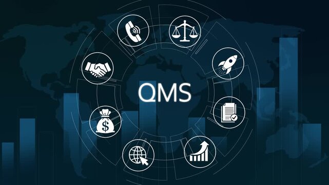 Qms management system concept with global business icons and data analytics infographic business strategy