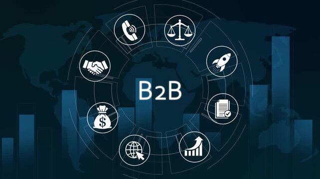 B2 b business strategy and global marketing concept with animated icons and financial growth charts