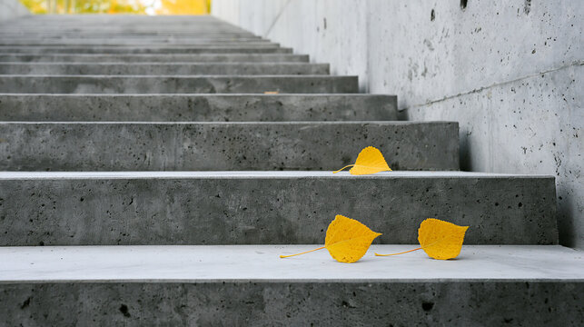 Modern concrete staircase with fallen yellow autumn leaves in low angle view
