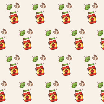Seamless vector pattern featuring tomato sauce jars with fresh garlic cloves and green basil leaves in a cartoon style
