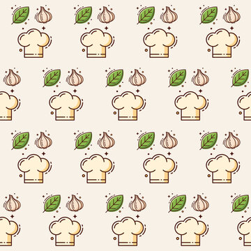 Seamless culinary pattern with chef hat icons garlic bulbs and green leaves for restaurant and food design