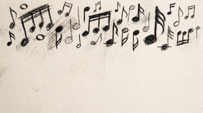 Hand-drawn black music notes on textured beige paper