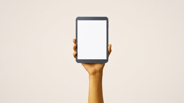 Hand holding blank tablet mockup on beige background