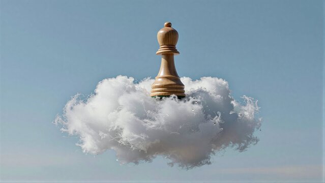 Wooden chess king floats atop fluffy cloud against clear blue sky.