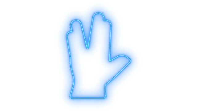 Glowing neon Vulcan salute hand icon isolated on transparent background. Sci-fi gesture. Live long and prosper. Spock hand sign. Greeting symbol