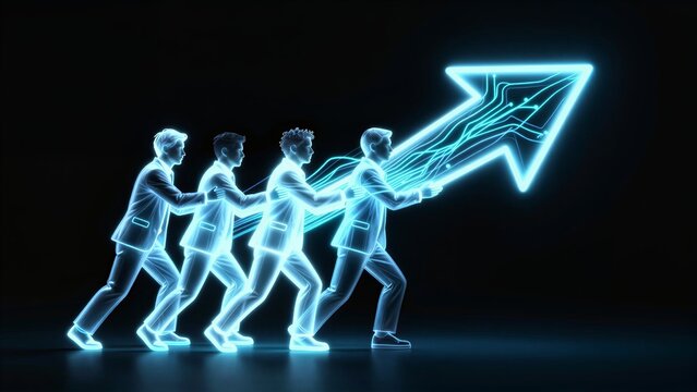 Four glowing figures pull a neon arrow, symbolizing teamwork and forward progress.