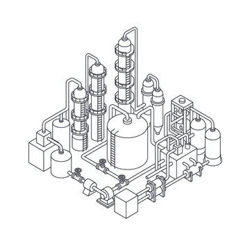 Modern Isometric of Industrial Chemical Processing Plant Equipment with Pipes and Tanks with high quality professional line art symbols for modern creative design and digital branding projects