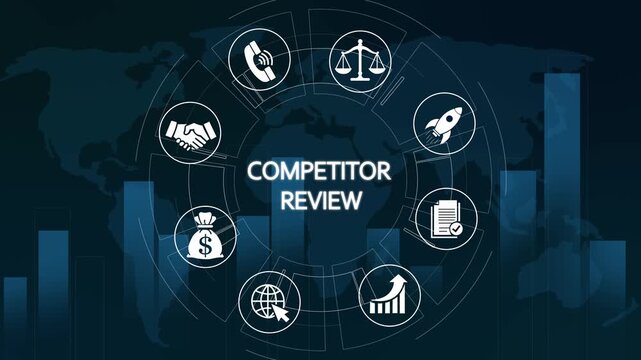 Competitor review business strategy infographic with global market analysis and financial growth icons