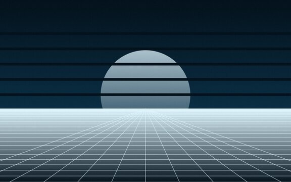 Retro synthwave landscape with glowing sun and perspective grid floor for eighties gaming themes.