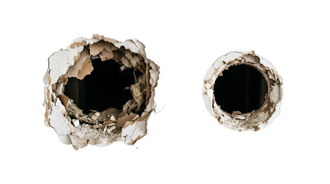Broken plasterboard wall with damaged drywall hole revealing wooden stud and insulation