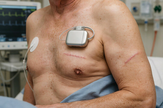 Elderly man with a heart monitor and electrodes on his chest in a hospital bed with medical equipment.