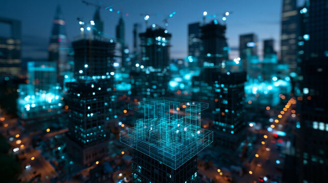 Smart City Digital Twin Blueprint Over Construction Site
