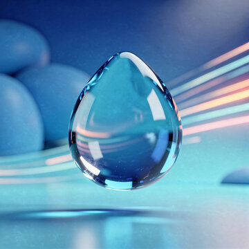 3D Render of a Pure Clear Water Drop Floating in a Futuristic Blue Abstract Space with Glowing Light Trails and Bokeh Effect