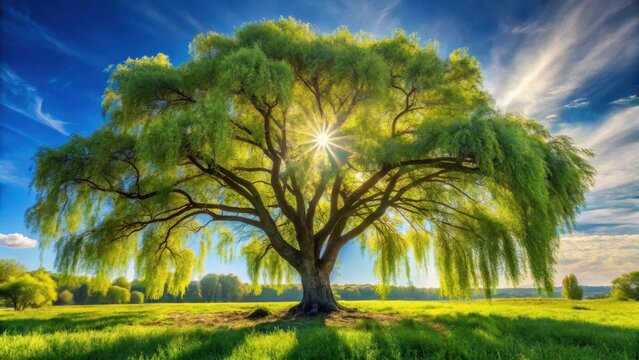Low angle shot of a black willow tree in a field under the sunlight