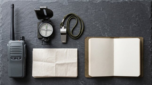 Handheld radio compass whistle folded map and open notebook laid out on a dark slate surface