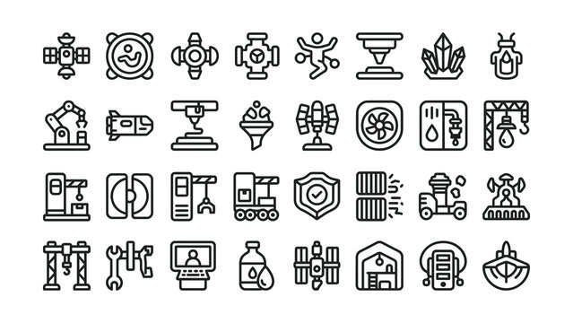Collection of various industrial and machinery icons isolated on transparent background