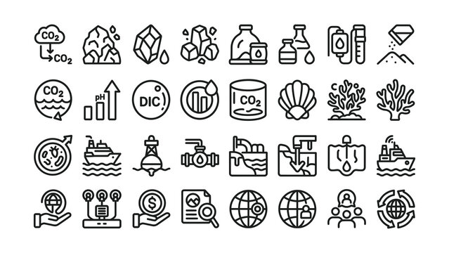 Collection of icons representing oceanography climate change and marine science concepts