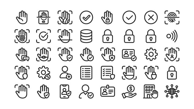 Collection of various security and authentication icons featuring hands fingerprints and locks