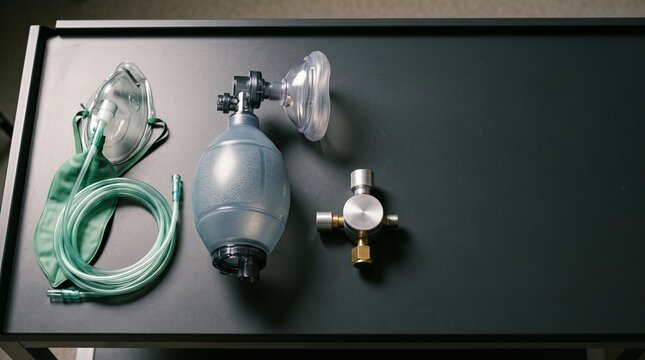 Airway management set with oxygen mask bag valve mask and flow meter laid out on a dark tray