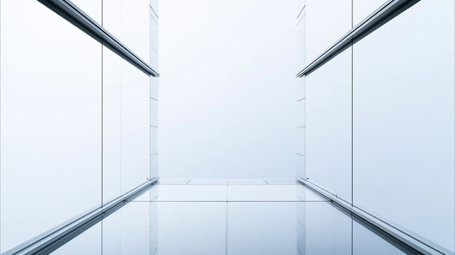 Futuristic Minimalist White Corridor with Reflective Floor