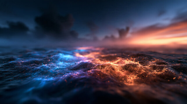 Bioluminescent Ocean Waves Glowing with Vibrant Sunset Reflections