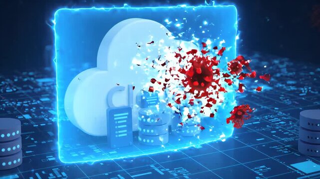 cloud computing data server infrastructure being attacked by digital viruses set against glowing blue technological motherboard background with floating data packets and cyber threats