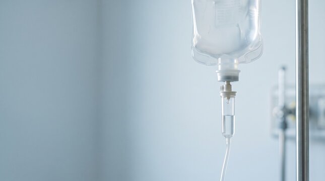 Clear intravenous drip bag hanging from a steel pole against a soft pale blue clinic wall
