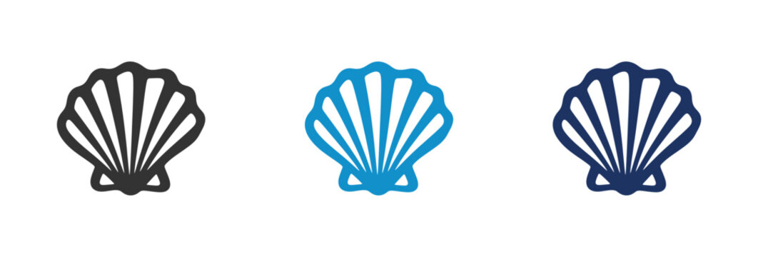 Set of three seashell line icons in black and blue colors.