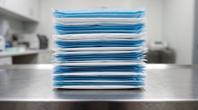 Neat stack of blue sterile instrument pouches on a metal counter in a hospital supply room