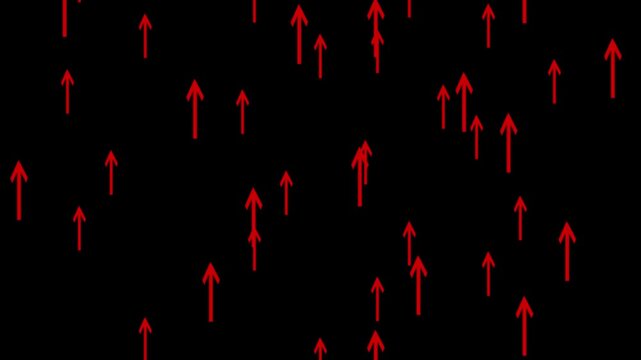 up flying arrow animation 4k motion graphics video. red arrow pointing up with black transparent screen, arrow animation vides. 4K loop animation