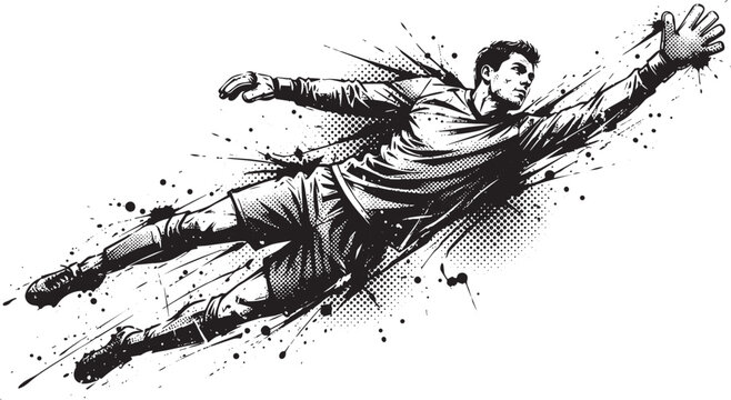 Intense black and white of a goalkeeper diving to make a save with explosive motion lines and stylized ink splatter effects