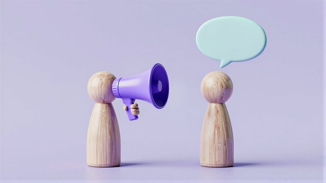 Wooden figures, one holding megaphone, other with speech bubble.