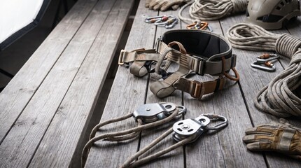 Technical rescue gear including a harness pulleys and rope arranged on rustic wooden decking © Sherley