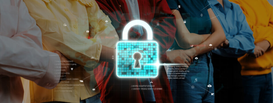 Group of diverse individuals stands confidently with arms crossed, featuring a glowing digital lock symbol, highlighting the importance of privacy and data security. Trope