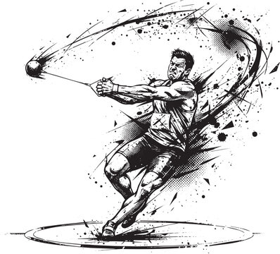 Powerful male athlete throwing a hammer, black and white ink with circular motion lines and paint splatter on white background