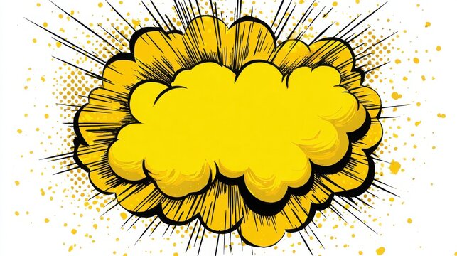 A bright yellow comic book style speech bubble with black ink outlines with white background scattered outlines dynamic speed lines set