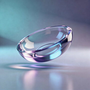 3D render of a floating contact lens highlighting vision correction and medical eye health in purple ambient light.