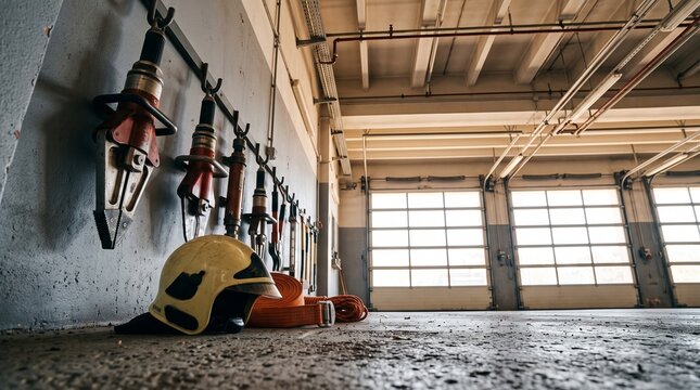 Pry bars and a yellow hard hat hanging from steel hooks on a weathered workshop wooden wall
