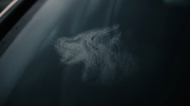 Mysterious apparition of religious face shape formed by condensation on wet vehicle windshield glass